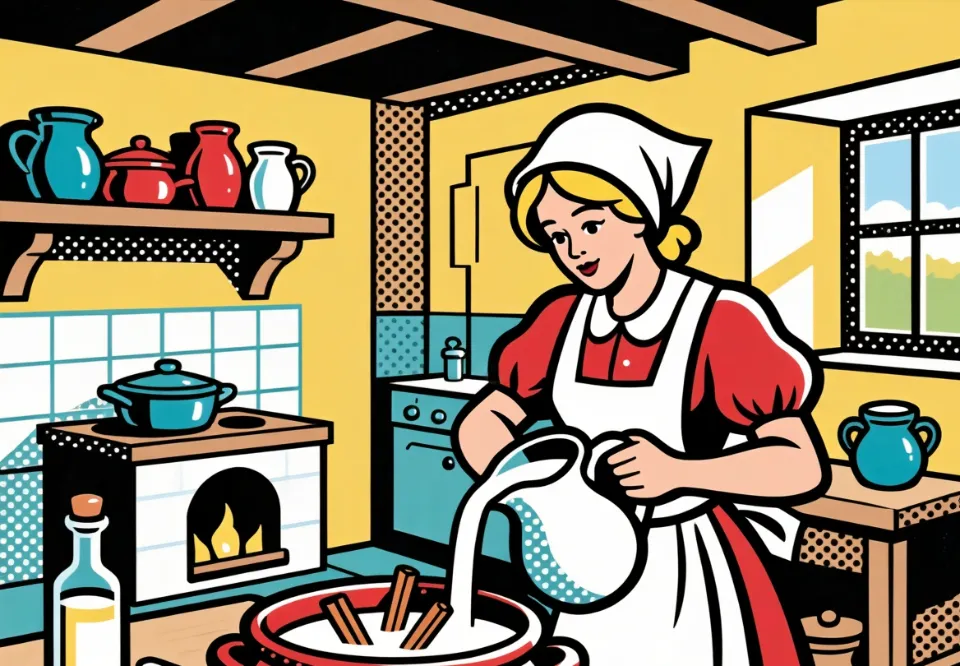 Uma mulher do campo deita leite fresco numa panela com paus de canela, numa cozinha alentejana