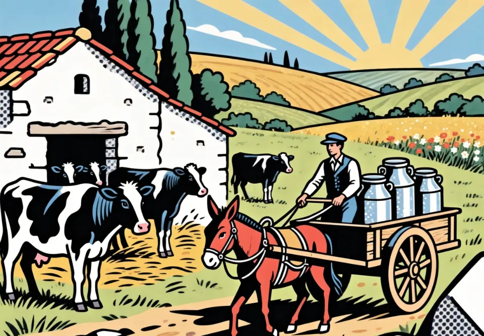 Um leiteiro com bilhas de leite numa carroça puxada por um burro, junto à vacaria e às vacas