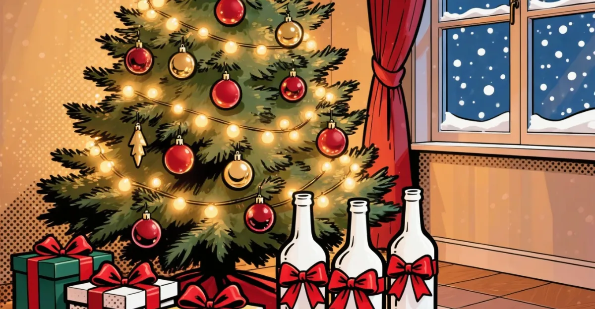 Ilustração: garrafas com laço vermelho debaixo da árvore de Natal