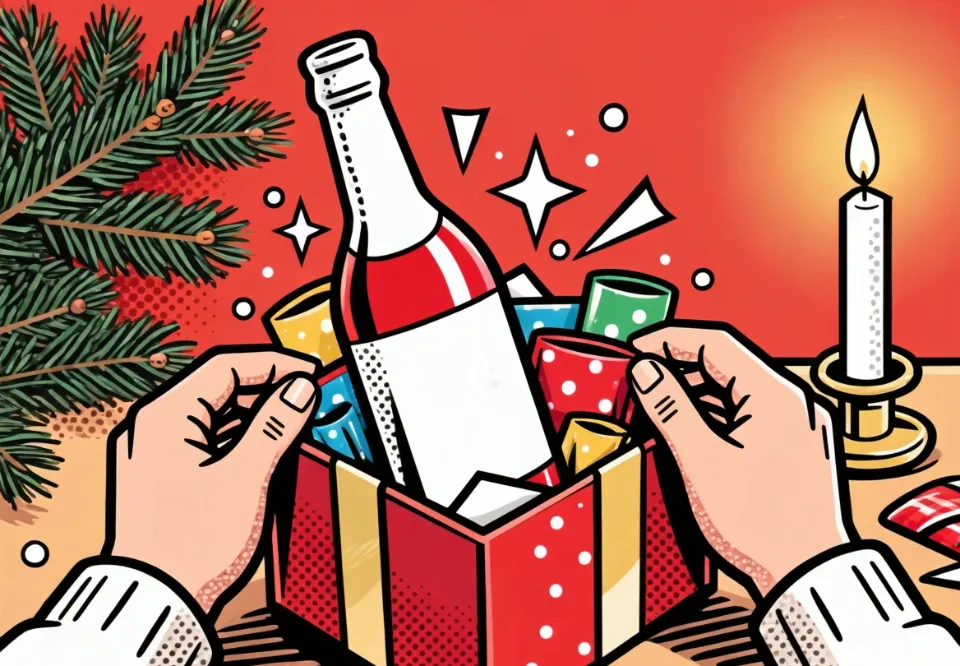 Ilustração: mãos a abrir uma caixa de Natal com uma garrafa lá dentro