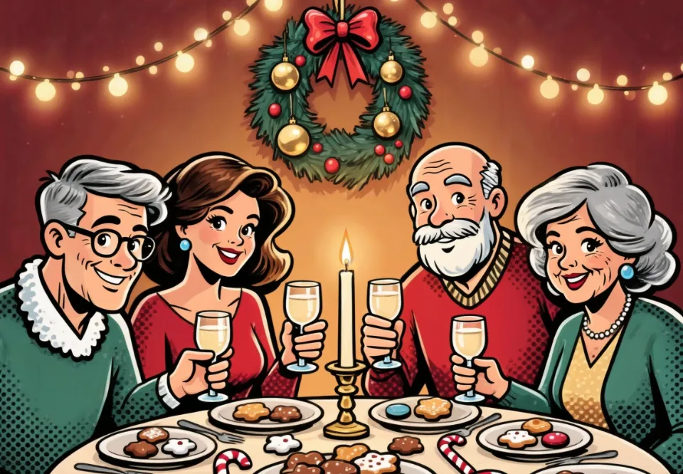 Ilustração: adultos fazem um brinde com licor na ceia de Natal
