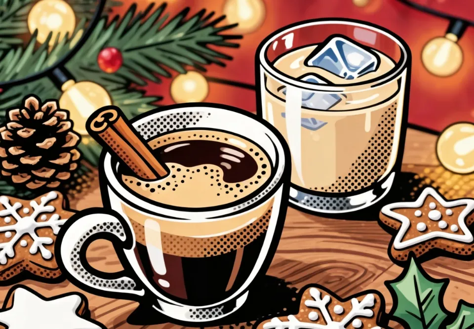 Ilustração: café com licor e um copo com gelo, com bolachas de Natal